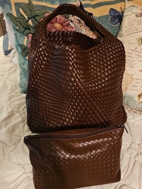 Woven Brown Tote with Matching Pouch
